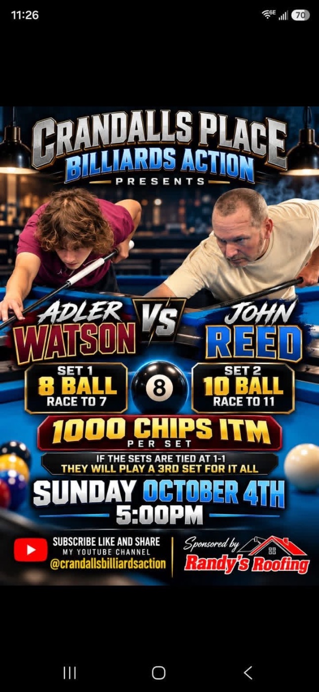 Flyer: Adler Watson vs John Reed 8-Ball money match