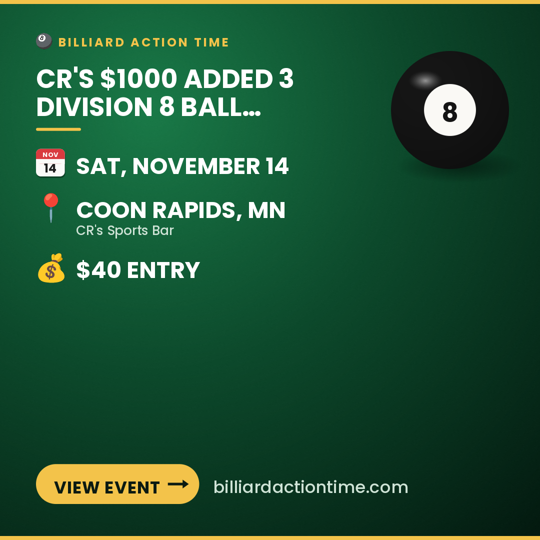 Share card for CR'S $1000 Added 3 Division 8 Ball Tournament